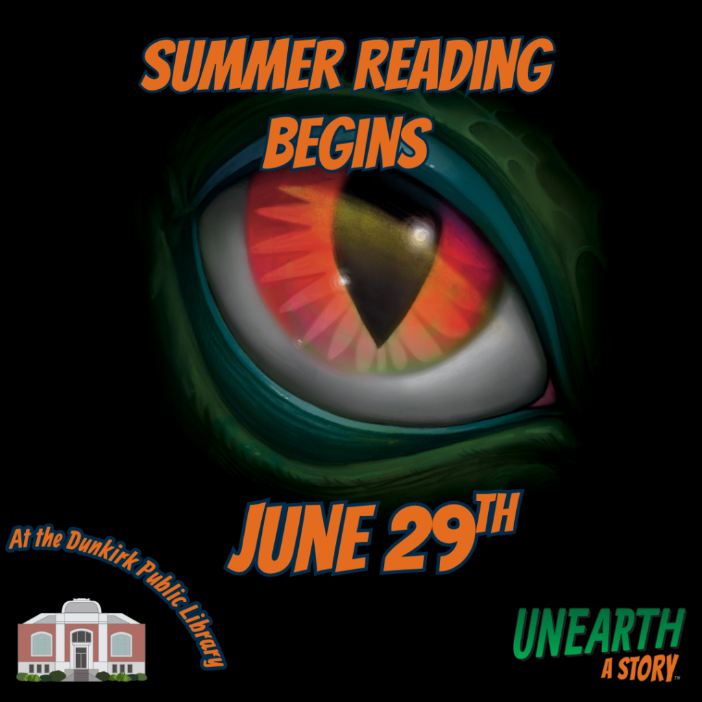 Flyer for summer reading program beginning June 29th with the background a dinosaur's eye
