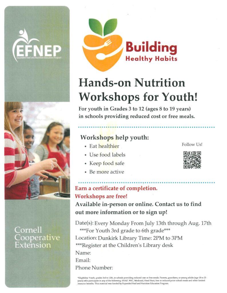 Flyer for 'Building Healthy Habits', a nutrition workshop through the Cornell Cooperative Extension. Class are every Monday from July 13th to August 17th, for youth 3rd to 6th grade from 2pm to 3pm.