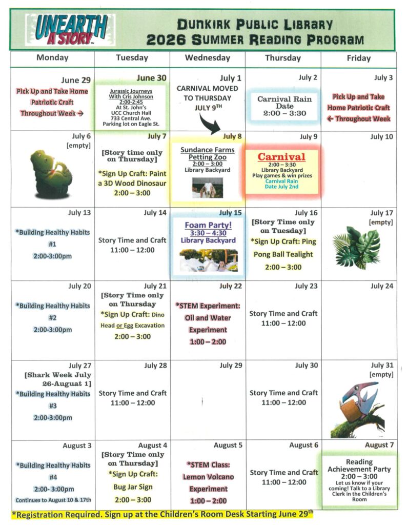 Calendar of events for the Dunkirk Public Library Summer Reading Program.