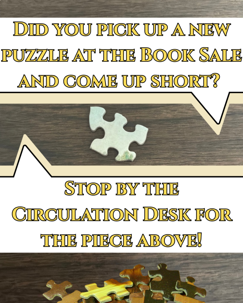Notice regarding a missing puzzle piece from the book sale.