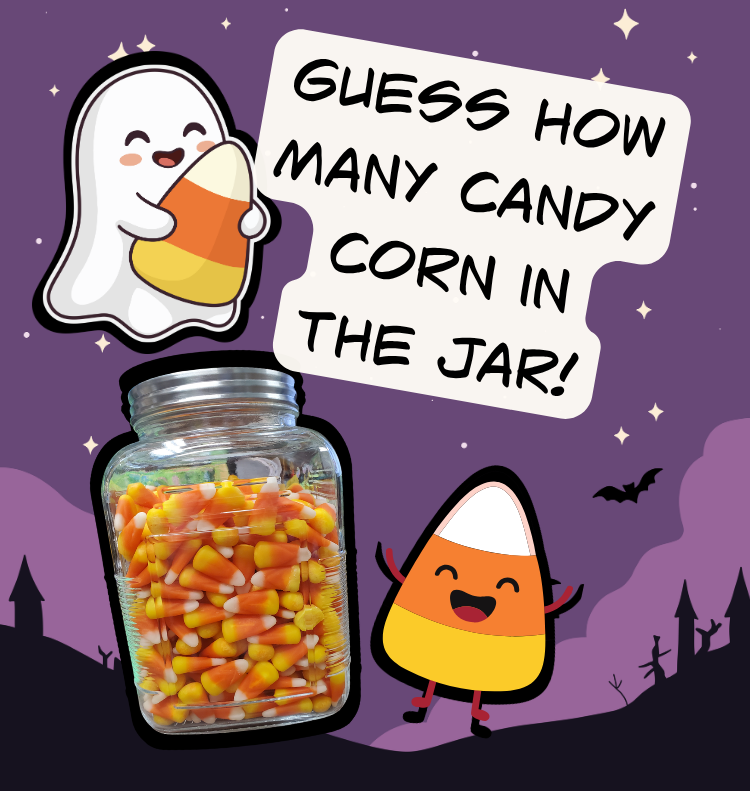 Text on image 'Guess how many candy corn in the jar' with an image of a ghost holding a candy corn, a smiling candy corn and a jar filled with candy corn