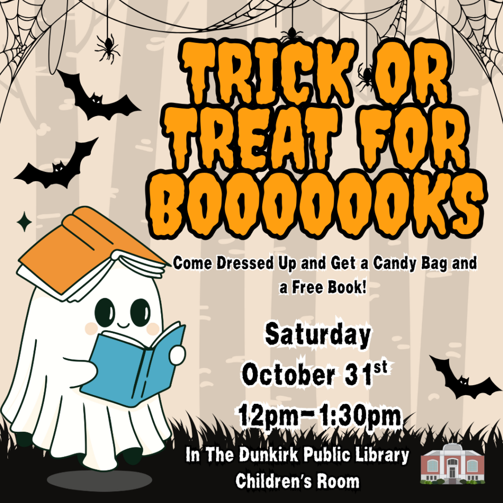 Flyer for Trick or Treat for Books- Text 'Trick or Treat for Booooks. Come Dressed up and Get a Candy Bag and a Free Book! Saturday October 31st 12pm to 1:30pm' with an image of a ghost with a book on his head and one in his hand